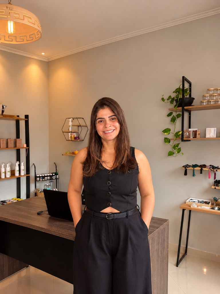 Morgana Bueno na recepção do seu espaço de estética e autocuidado