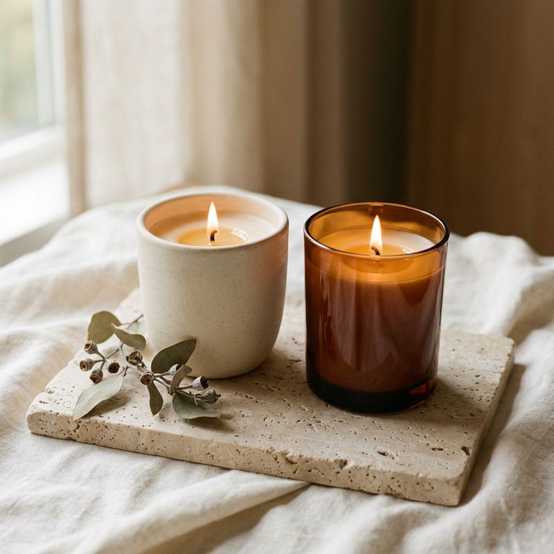 Velas aromáticas artesanais acesas em potes de vidro âmbar e cerâmica